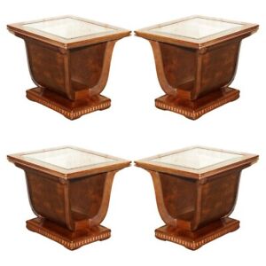 Four Large Tulip Shaped Glass Top Elm Side End Tables With Hidden Base Storage