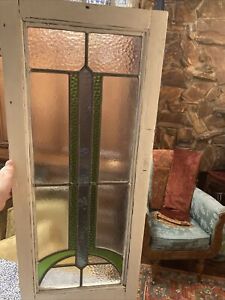 Arts And Crafts Stained Glass Window Framed Transom Green Blue Clear Vintage