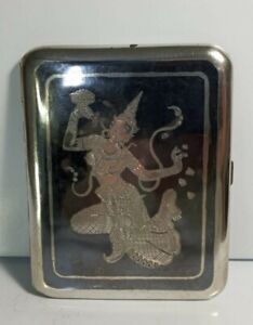 Vintage Siam Sterling Silver Niello Dragon Boat Goddess Cigarette Case 3575 3