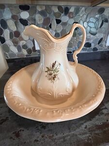 Antique Vtg Ironstone Wash Basin Bowl And Pitcher Cream Floral From England