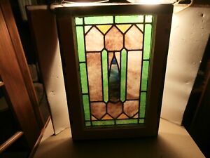 Vintage Stained Glass Window Leaded Miulti Colored Wood Frame Early 1900 