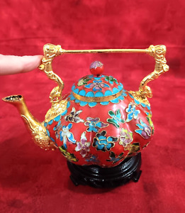 Vintage Ornate Cloisonne Tea Pot Dragon Handles Hand Carved Stand