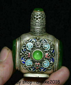 2 6 Old China Enamel Silver Inlay Green Jade Gem Dynasty Flower Snuff Bottle