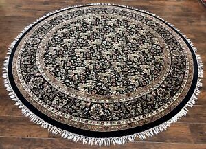 Round Oriental Rug 8x8 William Morris Floral Indian Carpet Wool Handmade Black