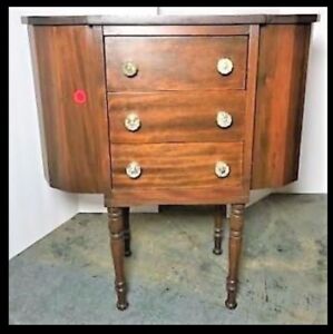 Antique Mahogany Wood Martha Washington Sewing Cabinet 3 Drawers Flip Tops