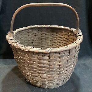 Primitive Early Antique Shaker Wood Splint Handled Basket Kicked Bottom 12 Aafa