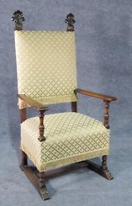 Antioque 1860s Era Throne Carved Walnut Parlor Fireside Tall Chair Great Fabric