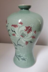 Artist Signed Korean Celadon Pottery Vase Flowers 8 Korea
