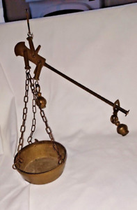 Brass Vtg 19th Century Copper Hanging Weighing Balance Scale Pharmacy 4 Bowl