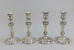 Ornate Set 4 1811 1819 English Georgian Sterling Silver Candlesticks