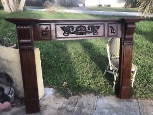 Huge 71 Inch Carved Mahogany Wood Fireplace Mantle Gothic Motif