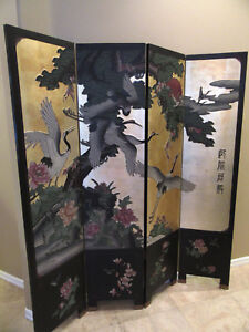 Antique Asian Screen 19th Century Black Lacquer Gilt Polychrome 4 Panel Folding