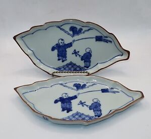 Japanese Blue White Kutani Porcelain Leaf Plate Boys Flying Kite