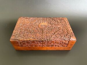 Antique Kashmir Walnut Wood Carving Trinket Jewelry Box Floral Anglo Indian
