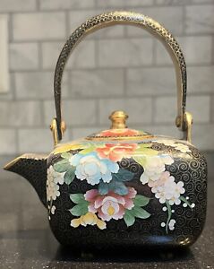 Japanese Teapot Cloisonne Inaba Box Shaped Kettle Vintage Black Tea Pot