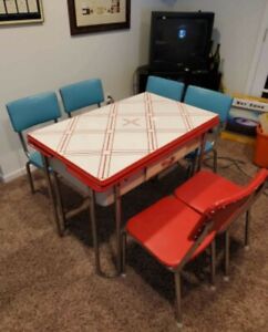 Mcm 50s Table Chairs Set Red White Blue Enamel Top Extra Leafs Pick Up Only