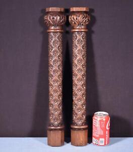 20 Tall Pair Of French Vintage Gothic Revival Panels Pillars In Solid Oak Wood