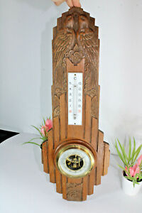 Antique French Wood Carved Art Deco Birds Barometer