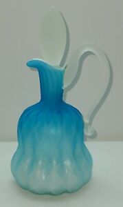 Antique Thomas Webb Mop Mother Of Pearl Blue Pitcher Satin Cased Quilted Diamond