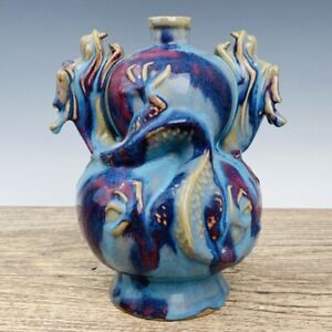 10 6 Song Dynasty Jun Kiln Porcelain Cyan Fambe Ice Crack Double Dragon Vase