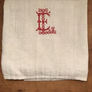 Vintage Linen Towel W Initials E L In Red Hand Hemmed 31 L X 23 W