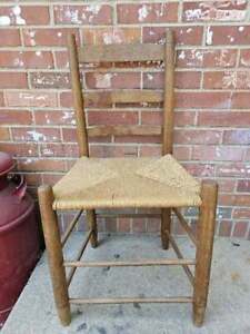 Antique Amish Shaker Chair Hickory Ladder Back Rush Woven Seat 3