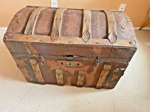 Antique 19th C Victorian Dome Topped Tooled Leather Trunk Travel Chest