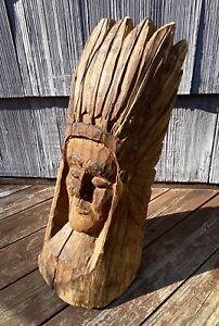 Vintage 26 Carved Wooden Indian Bust Sculpture Native American Folk Art Statue