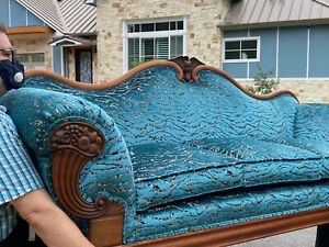 Professionally Reupholstered And Refinished Vintage Empire Carved Eagle Sofa