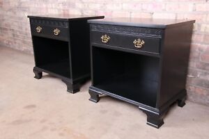 Baker Furniture Chippendale Black Lacquered Nightstands Newly Refinished