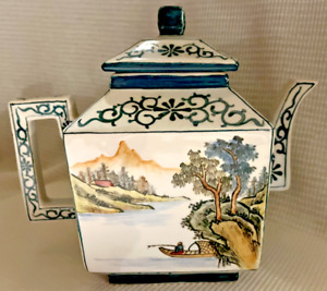 Vintage Small Jingdazen Porcelain Teapot With Landscape Scene With Trees Boat