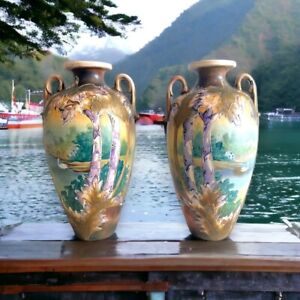 Antique Moriage Urn Vases Pair Nippon Satsuma Style Swan Lake Trees Art Nouveau