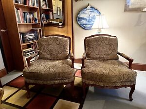 Pair Vintage 1980s Baker Furniture French Provincial Style Fauteuil Arm Chairs