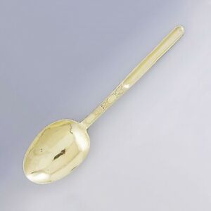 Antique C1700 English Sterling Silver Gold Washed Marrow Scoop Spoon