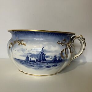 Antique Victorian Ceramic Chamber Pot Bowl Blue White Gold Chinoiserie Vintage