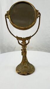 Antique Spelter Art Nouveau Full Figure Woman Metal Tilting Table Vanity Mirror