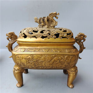 Marked Chinese Old Bronze Dragon Dragons Fu Foo Dogs Lion Incense Burners Censer